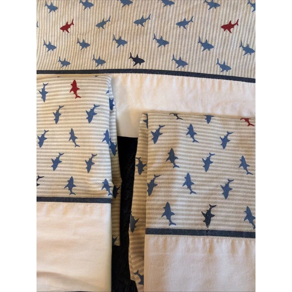 TOMMY HILFIGER SHARK ATTACK SHARKS BLUE RED Full Set Flat/Fitted 2 Pillowcases
